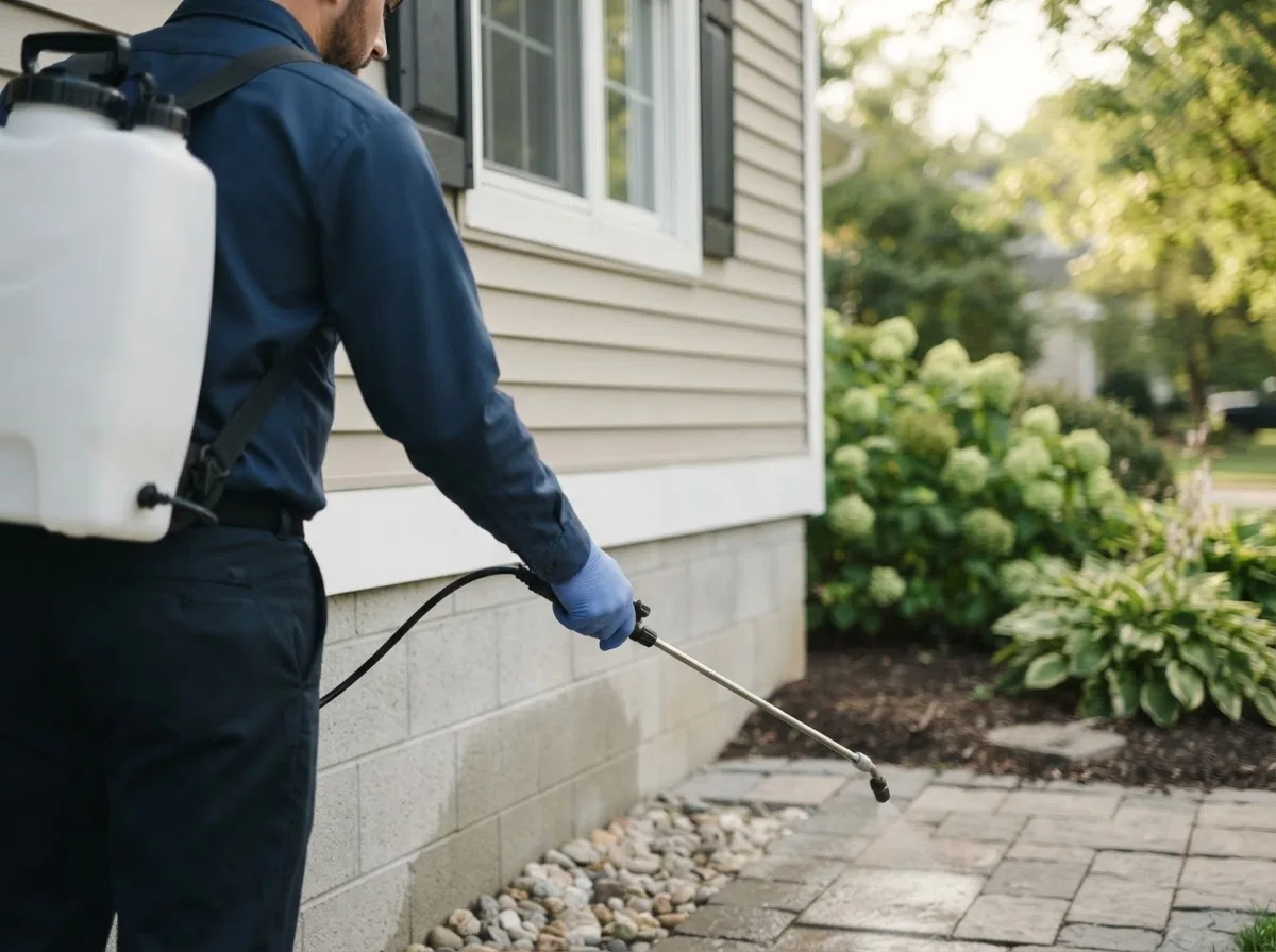 Pest control technician inspecting a home in Esmond, IL
